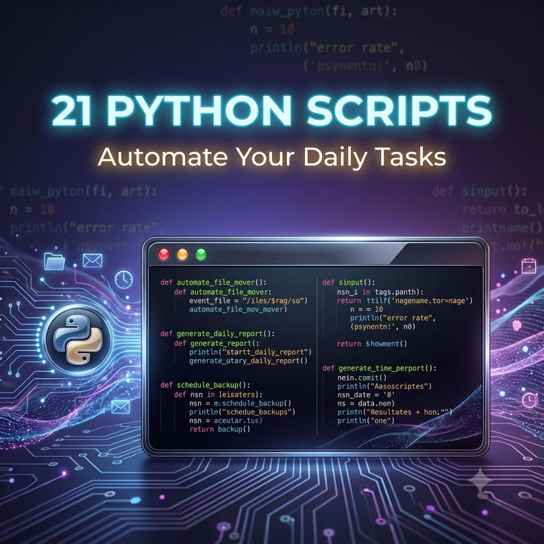 May include: A digital graphic featuring the text 21 PYTHON SCRIPTS Automate Your Daily Tasks above a computer window displaying code. The background shows a dark purple circuit board pattern with a glowing Python logo and various icons.
