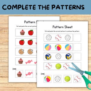 Pattern Worksheets for Kids, Cut and Paste Activity Sheets, Pattern Recognition,  Complete the Pattern, Sequences, Preschool Worksheets