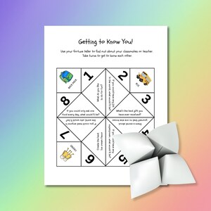 May include: A white paper fortune teller game sheet titled Getting to Know You with black text, numbered sections, and colorful icons including a backpack, bus, and friends. A folded white paper fortune teller sits in the bottom right corner.