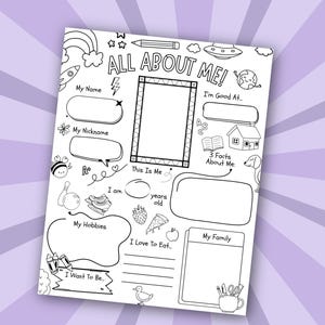 May include: A black and white printable activity sheet titled ALL ABOUT ME! featuring sections for name, nickname, age, hobbies, family, and facts. The page includes line art illustrations of a rainbow, rocket, pencil, UFO, earth, house, dog, and food items.