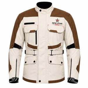 May include: A beige and brown motorcycle jacket featuring a high collar, multiple zipped and snap-button pockets, and an adjustable waist belt. The chest displays a red star logo with the text NEW STAR IMPEX in black and red lettering.