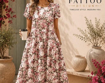 May include: A floor-length dress featuring a floral pattern in shades of pink, white, and dark green. The garment has short puff sleeves, a round neckline, and a tiered skirt design. The text FATTOO DESIGN TIMELESS STYLE. MODERN YOU. is visible.