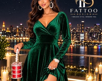 Peut inclure: Une robe en velours vert émeraude à manches longues avec un décolleté en V et une jupe évasée. La robe est accompagnée d'un sac à main cylindrique rouge avec une anse perlée et un motif quadrillé. Le logo FATTOO DESIGN est visible.