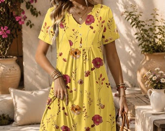 May include: A yellow midi dress featuring a floral print with red and orange flowers, a V-neckline with a button placket, and short sleeves. The dress is paired with a straw hat with a black band and a woven straw handbag.