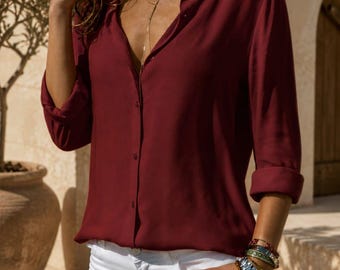 Women's Chiffon Button Up Shirt, Long Sleeve Collared Office Top