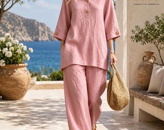 Women's Polyester Summer 2-Piece Pants Set, Button Front Top, Wide Leg Vacation Outfit
