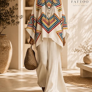 May include: A white poncho-style top featuring a geometric pattern in red, blue, yellow, and black, paired with wide-leg white trousers. The outfit includes a layered necklace with turquoise beads and a textured brown woven handbag.