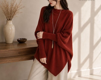 Oversized Batwing Poncho Sweater, Soft Polyester, Asymmetrical Hem, Cream Knit Top