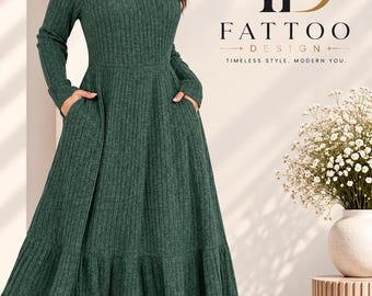 May include: A long-sleeved, forest green midi dress featuring a ribbed texture, a round neckline, and a tiered skirt with side pockets. The dress is paired with black ankle boots. The logo FATTOO DESIGN TIMELESS STYLE. MODERN YOU. is visible.