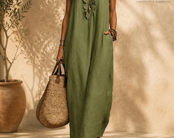 Cotton Linen Maxi Dress, Ruffle V-Neck, Sleeveless Boho Summer Resort Wear