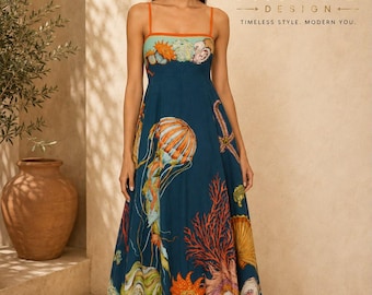 May include: A floor-length dark teal dress with thin orange straps, featuring a vibrant marine life print including jellyfish, coral, and seashells. The hem is accented with a light green border. The logo FATTOO DESIGN TIMELESS STYLE. MODERN YOU. is visible.