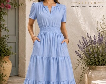 May include: A light blue midi dress featuring short puff sleeves, a notched V-neckline, and a smocked elastic waist. The skirt is tiered with a gathered design and includes side pockets. The text FATTOO DESIGN TIMELESS STYLE. MODERN YOU. is visible.