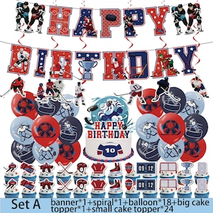 Puede incluir: Un set de decoración para fiestas con temática de hockey que incluye una pancarta de Happy Birthday con jugadores, 18 globos con gráficos deportivos, un adorno grande para pastel, 24 adornos pequeños y una etiqueta de set abajo.