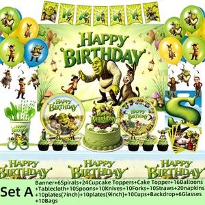 May include: A Shrek-themed birthday party supply set including a Happy Birthday banner, balloons, plates, cups, forks, spoons, knives, straws, napkins, cupcake toppers, a cake topper, a tablecloth, party bags, and hanging spirals.