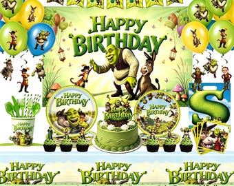 May include: A Shrek-themed birthday party supply set including a large backdrop with the text Happy Birthday, balloons, plates, a cake topper, cupcakes, a tablecloth, and utensils. The items feature green, yellow, and blue colors with character illustrations.