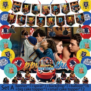 May include: A birthday party decoration set featuring a banner with character images and the text Happy Birthday, a red and blue cake with a Happy Birthday topper, sixteen balloons with various designs, and twelve small cake toppers with character images.