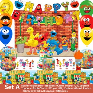 May include: A Sesame Street themed party supply set featuring a brick wall backdrop with Big Bird, Elmo, Cookie Monster, and other characters. Includes balloons, plates, cups, cutlery, napkins, and cake toppers with colorful character graphics.