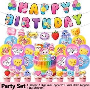 Może przedstawiać: Zestaw urodzinowy zawierający baner 'HAPPY BIRTHDAY' z kolorowymi literami, wielokolorowy tort w paski z topperem 'HAPPY BIRTHDAY', szesnaście balonów z różnymi grafikami jedzenia i zwierząt oraz dwanaście małych dekoracji na babeczki.