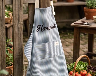 Personalized Apron, Striped Apron With Pockets, Embroidered Kitchen Apron, Baking Apron, Gardening Apron, Custom Name Apron Gift