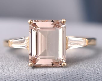 Blush Pink Morganite Ring for Women, Vintage 14K Gold Ring, Emerald Cut Gemstone Wedding Ring, Statement Band, October Birthstone Gift