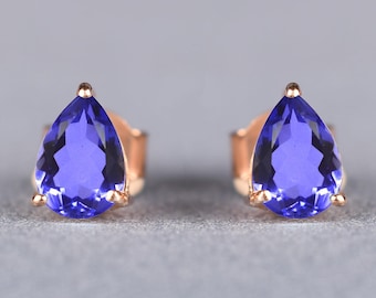 Brincos de ouro maciço 14K | Tanzanita | Cravação com 3 garras | Pedra preciosa de dezembro | Presente ideal para ela | Luxenlitho