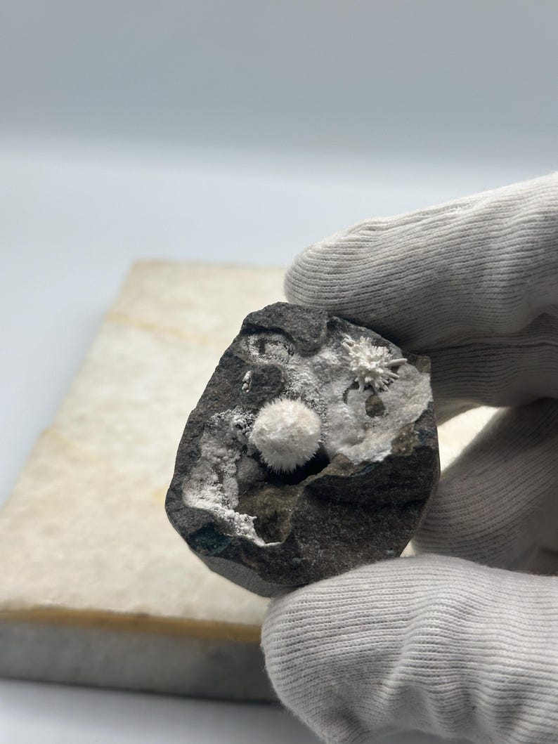 Geode Geological Formation Natural Okenite Crystal Spray on Basalt Matrix, White Okenite Mineral ...