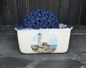 Blue Lighthouse motif ceramic scrubbie/scrubby/sponge holder with handmade blue scrubbie