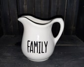 Farmhouse style medium pitcher with quot family quot hand stenciled