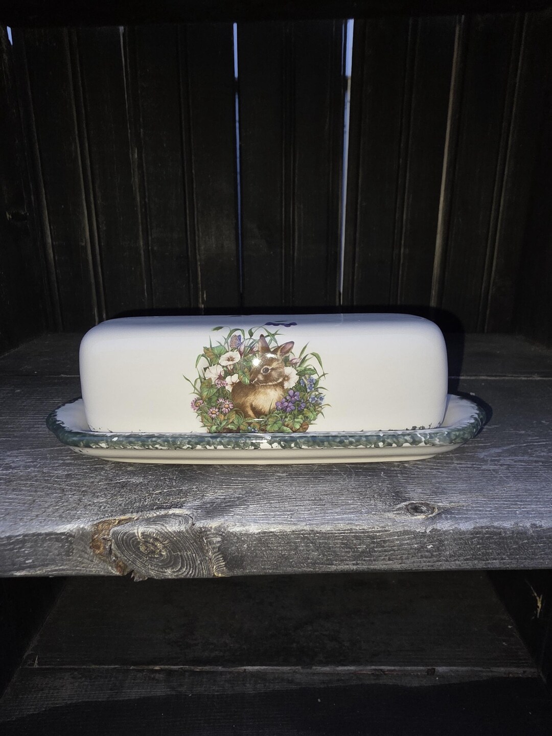 Rabbit Motif Classic Butter Dish With Hand Sponged Green Trim - Etsy