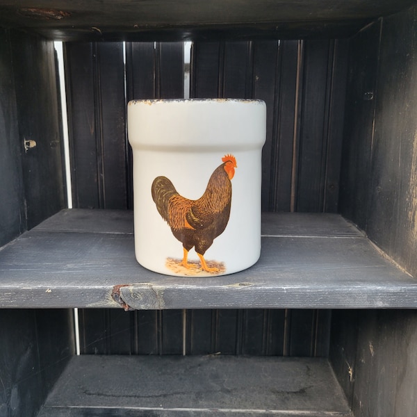 Brown chicken large ceramic utensil holder with black and brown hand sponged trim