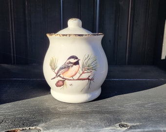 Chickadee motif ceramic sugar bowl