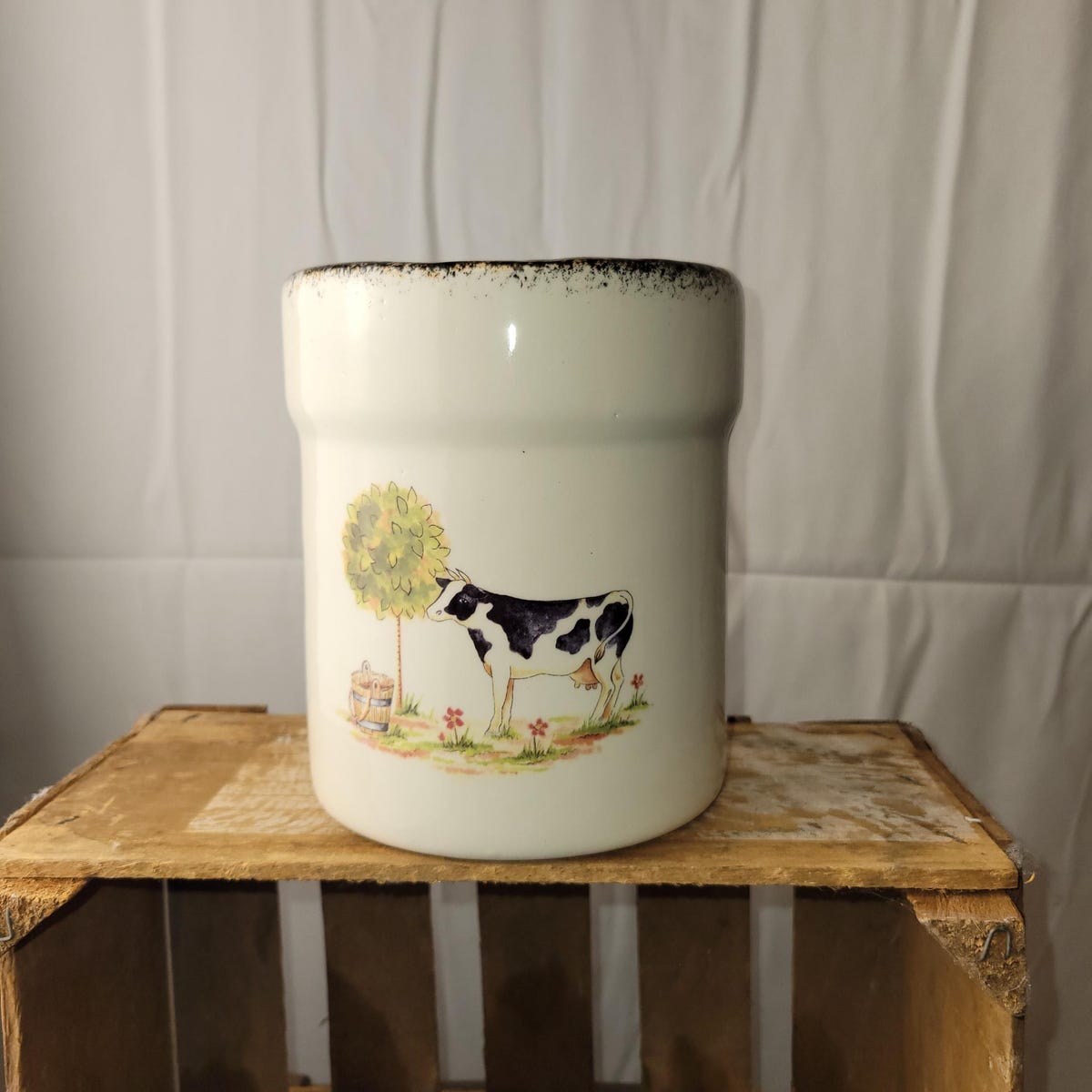 Cow Motif Ceramic Utensil Holder With Hand Sponged Black and Brown Trim - Etsy
