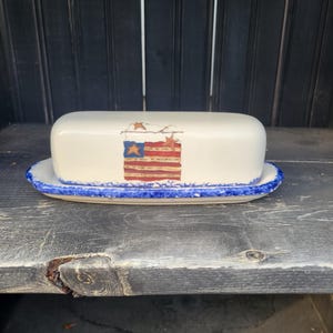 Flag motif classic butter dish with hand sponged blue  trim