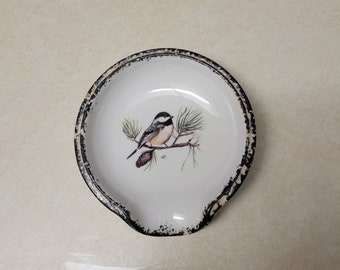 Chickadee scoop style ceramic spoon rest with hand sponged black and brown trim