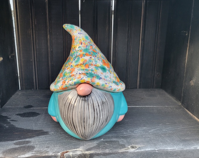 Rainbow Hatted Gnome Candy Dish/treat Jar/what Not Dish With Turquois