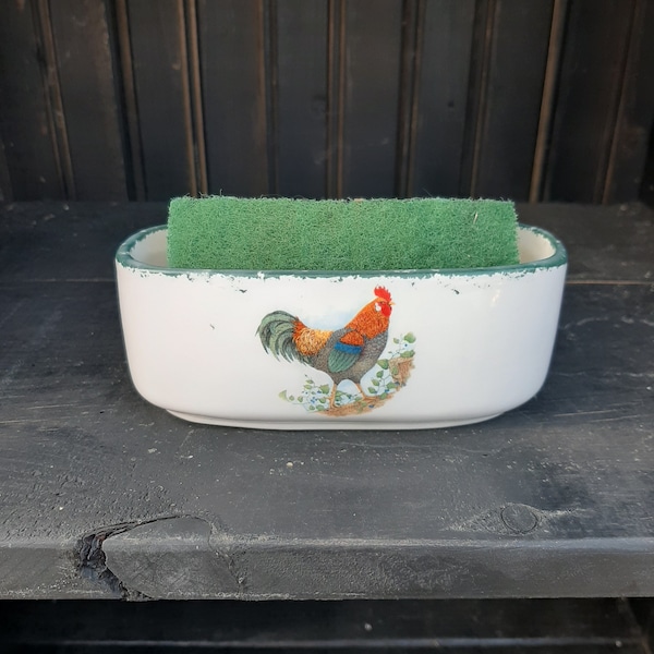 Green Rooster Large ceramic sponge/sos pad/scrubbie/scrubby holder (78)