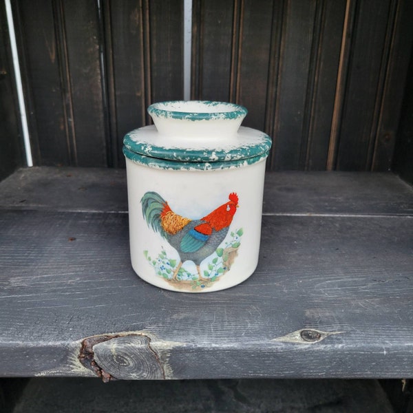 Rooster motif ceramic butter keeper with hand sponged green trim