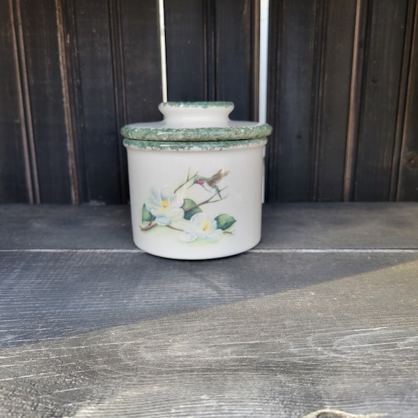 Magnolia Hummingbird motif ceramic counter top butter crock with hand sponged green trim