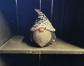 Hatted Gnome Treat Jar, Black and White Ceramic Candy Dish