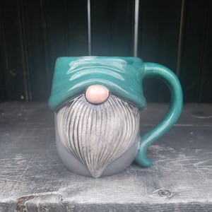 Cloudy teal and gray ceramic gnome mug