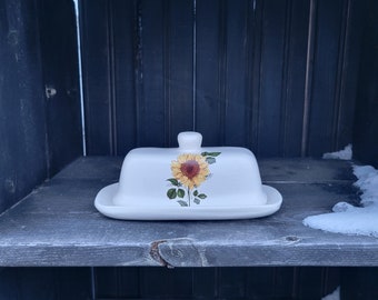 Farmhouse white with sunflower motif ceramic butter dish