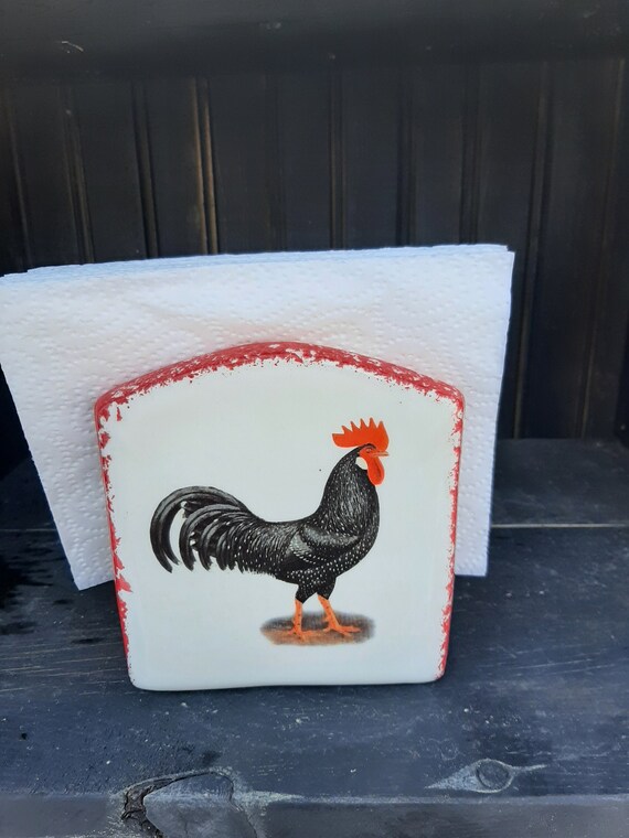 Rooster ceramic napkin holder with red hand sponged trim Etsy