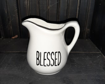 Farmhouse hand stenciled "blessed" medium white ceramic mold poured/hand crafted pitcher (135)