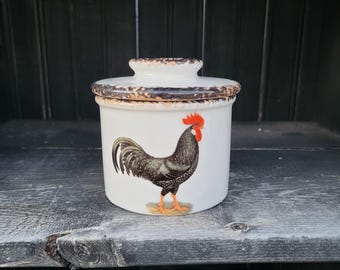 Black rooster motif counter top butter crock with hand sponged black and brown trim
