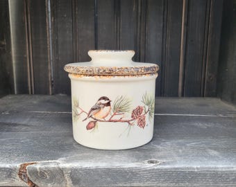 Chickadee counter top butter crock with hand sponged black and brown trim