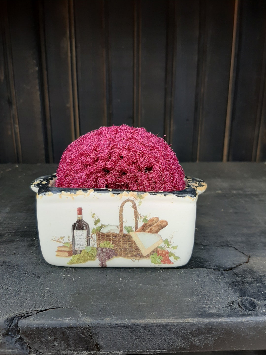 Ceramic Scrubby/scrubbie/sponge Holder With Wine Motif Includes