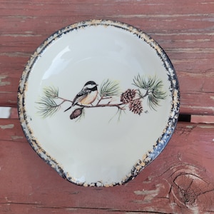 Chickadee scoop style ceramic spoon rest with hand sponged black and brown trim