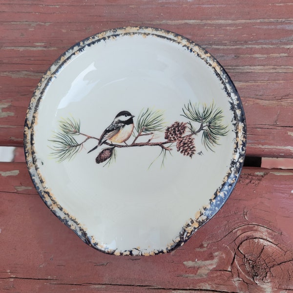 Chickadee scoop style ceramic spoon rest with hand sponged black and brown trim