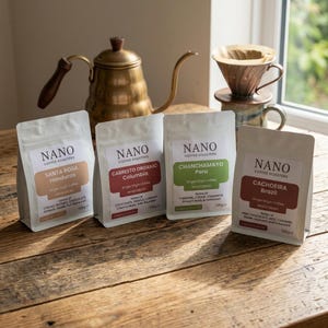 May include: Four 125g bags of Nano Coffee Roasters whole bean coffee labelled Santa Rosa Honduras, Cabresto Organic Columbia, Chanchamayo Peru, and Cachoeira Brazil, arranged with a brass gooseneck kettle and a ceramic coffee dripper.