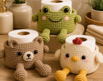 Crochet Toilet Paper Holder Pattern PDF, Frog Bear Chick Bathroom Decor, Amigurumi Instant Download